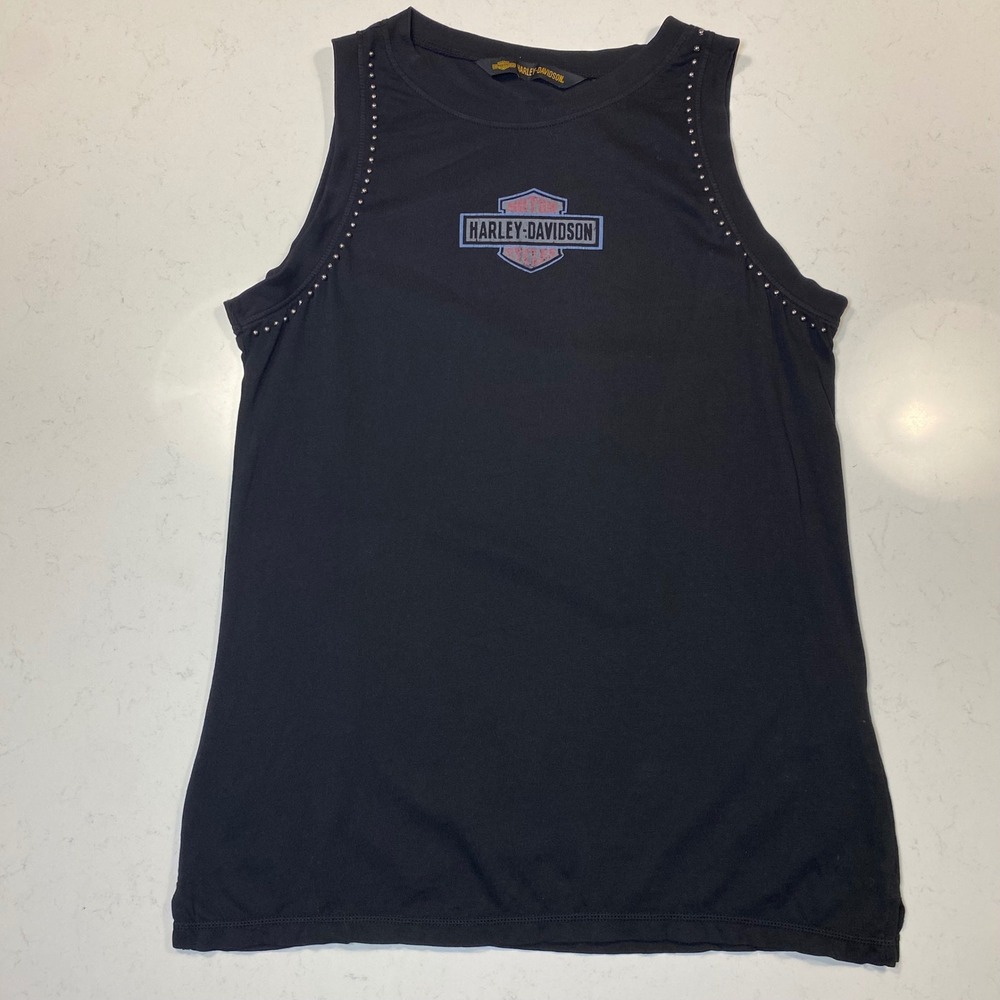 HARLEY-DAVIDSON Studded Muscle Tank Top XL Black Cotton Biker Americana Eagle - Picture 2 of 9
